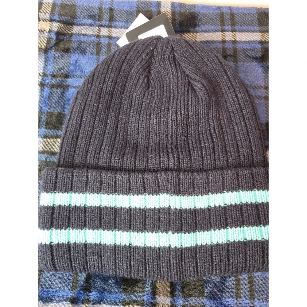Seattle Kraken NHL Mens Navy/Teal Striped Cuffed Beanie Hat